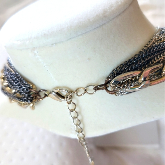 Tri-Color Gold/Silver Tone Chunky Multi-Chain Layered Statement Necklace - Picture 7 of 8